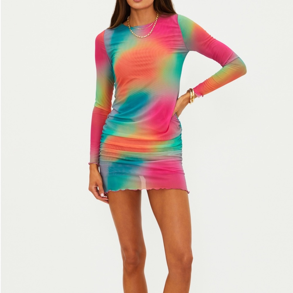 Beach Riot Pink Multi-Color Tie-Dye Long Sleeve Mini Dress
